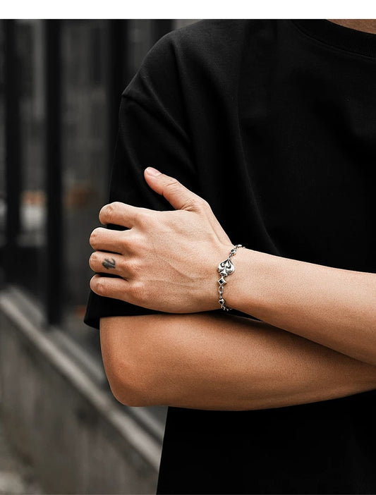 Spade Playing Card Sterling Silver Biker Bracelet – wrist and design view 1