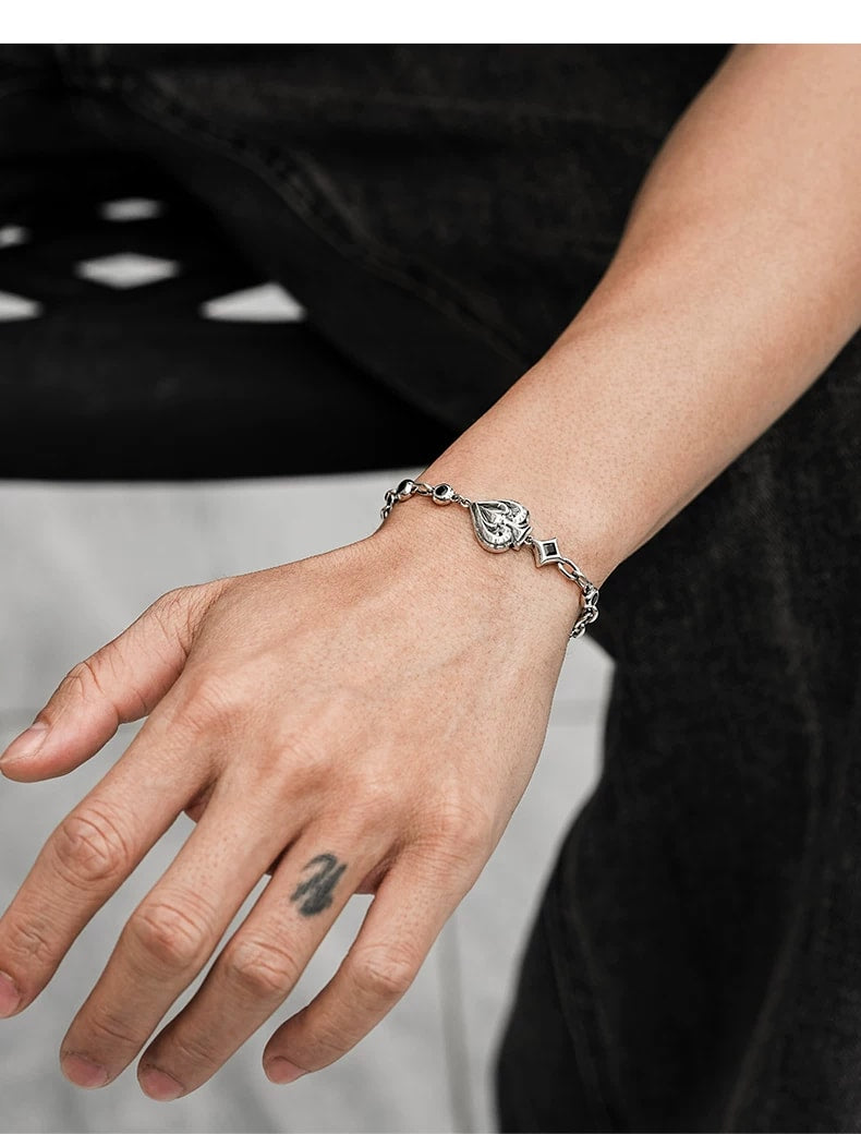 Spade Playing Card Sterling Silver Biker Bracelet – wrist and design view 2