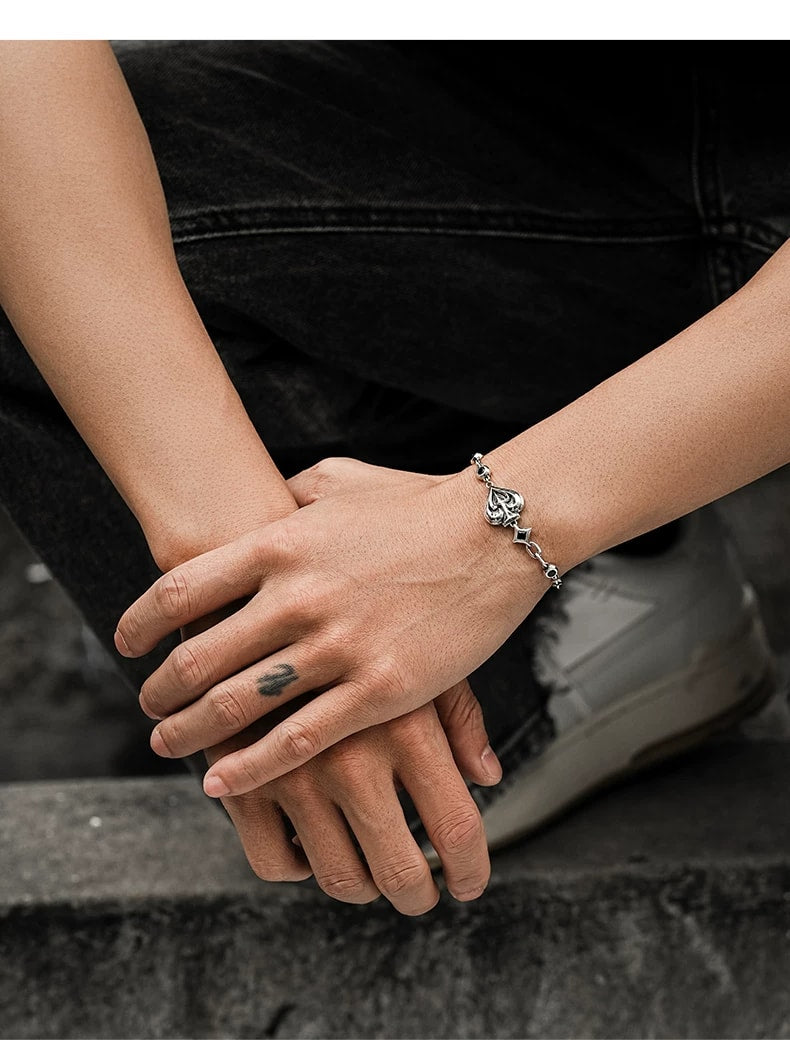 Spade Playing Card Sterling Silver Biker Bracelet – wrist and design view 3