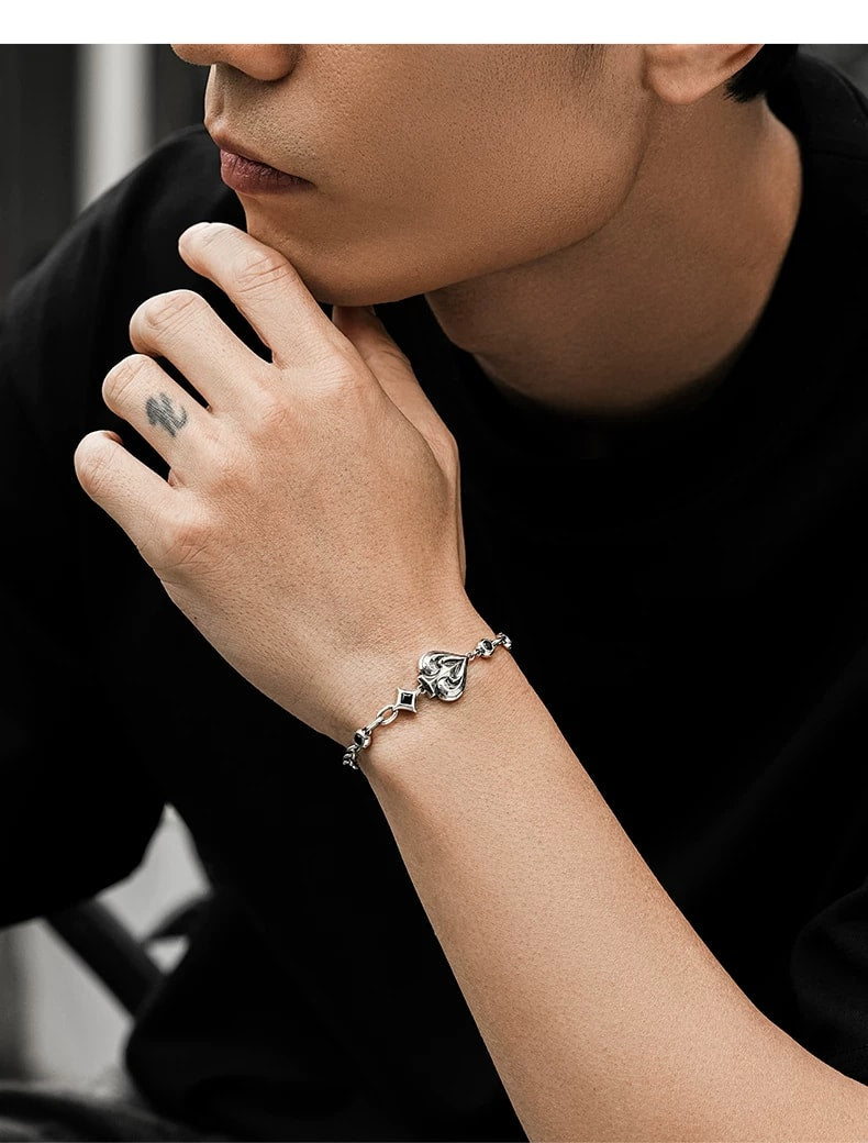 Spade Playing Card Sterling Silver Biker Bracelet – wrist and design view 4