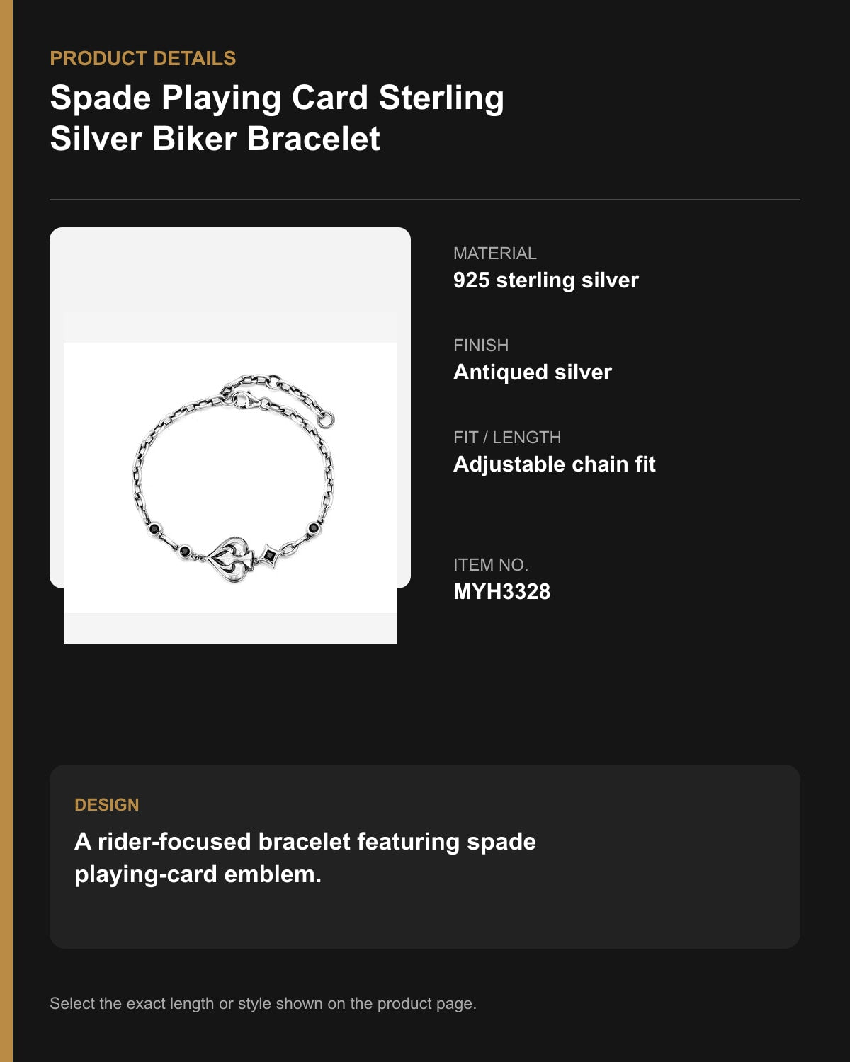 Spade Playing Card Sterling Silver Biker Bracelet – English product details