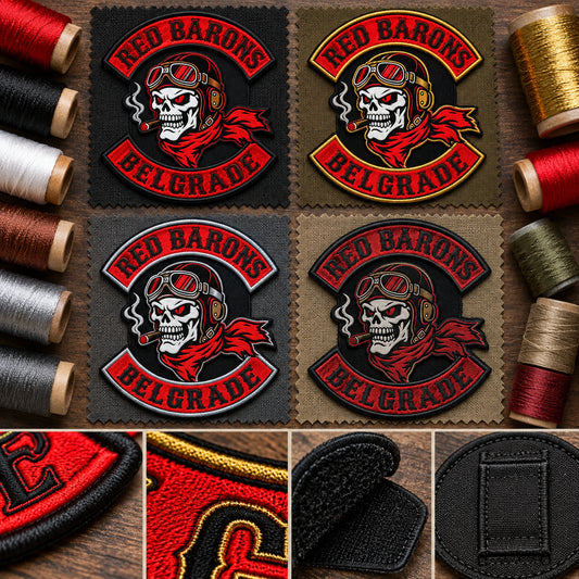 Gold-look silver-look muted and high-contrast thread chest patches for a motorcycle club, shown at thread and patch sample board.