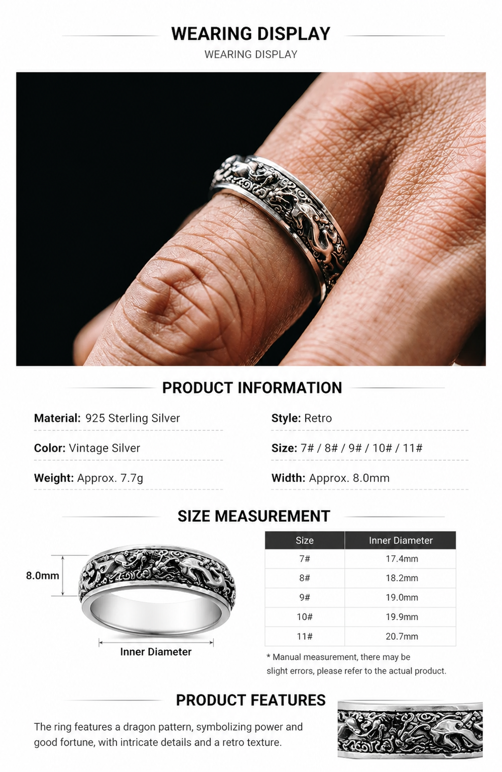 Spinning Pixiu Sterling Silver Biker Ring - English product detail 10