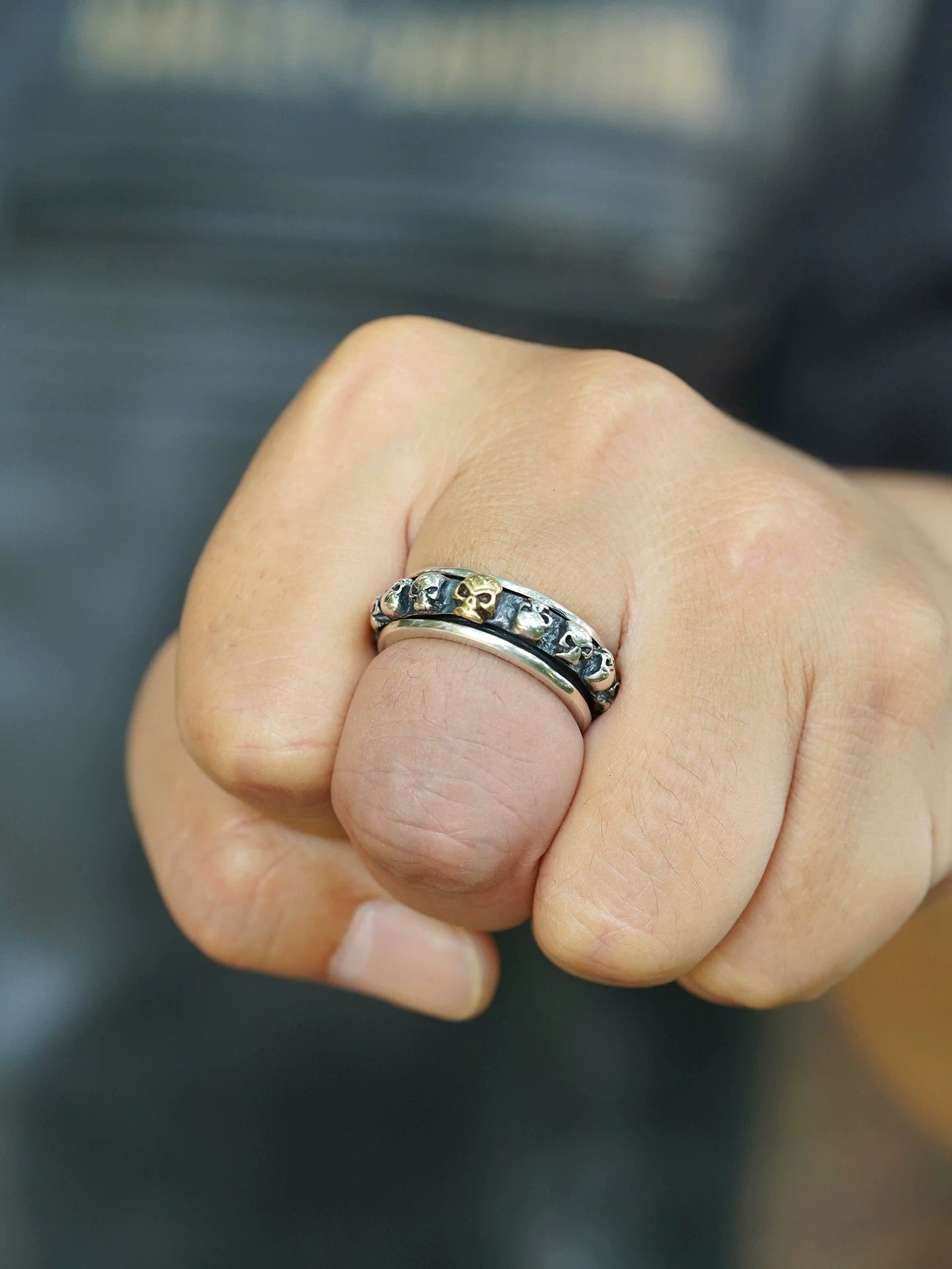 Spinning Skull 925 Sterling Silver Biker Band Ring product view 2
