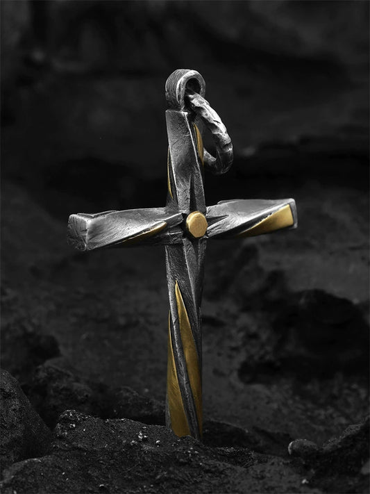 spiral gold-accent sterling silver cross biker pendant product view 1
