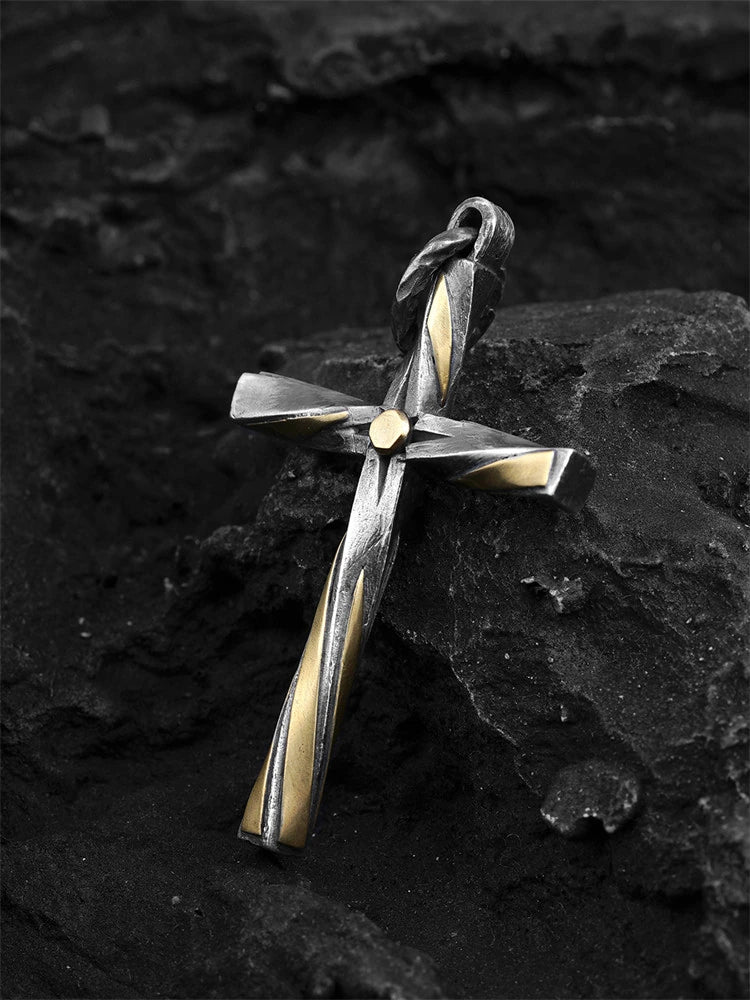 spiral gold-accent sterling silver cross biker pendant product view 2