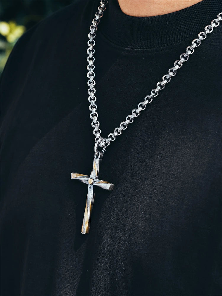 spiral gold-accent sterling silver cross biker pendant product view 3