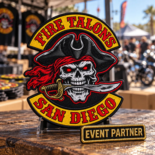 Custom motorcycle club event patch featuring the fire talons san diego logo for sponsor and vendor version.