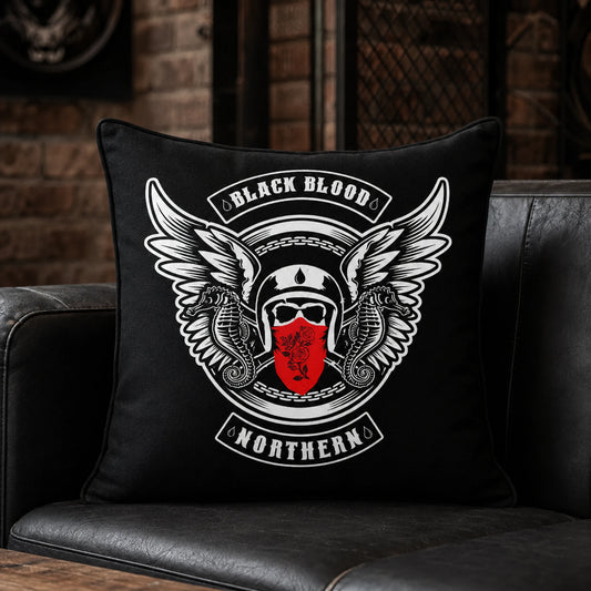 Square motorcycle club pillow displaying a large approved center emblem.
