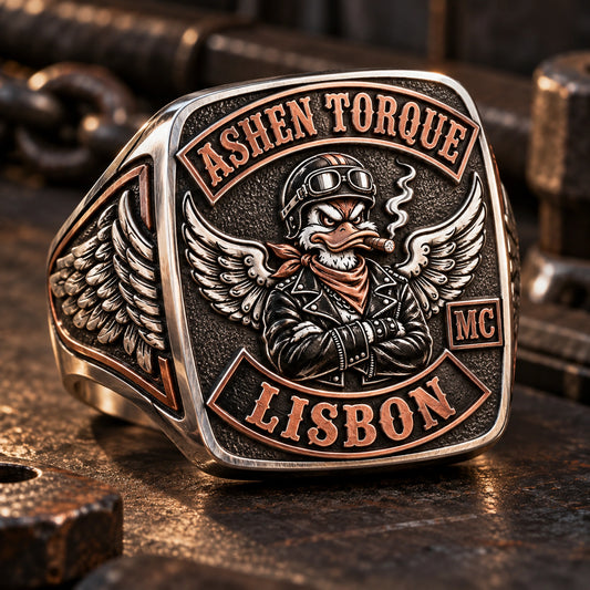 Square Signet Rings designed from an authorized motorcycle club emblem in Red Copper + 925 Sterling Silver natural metal tones.
