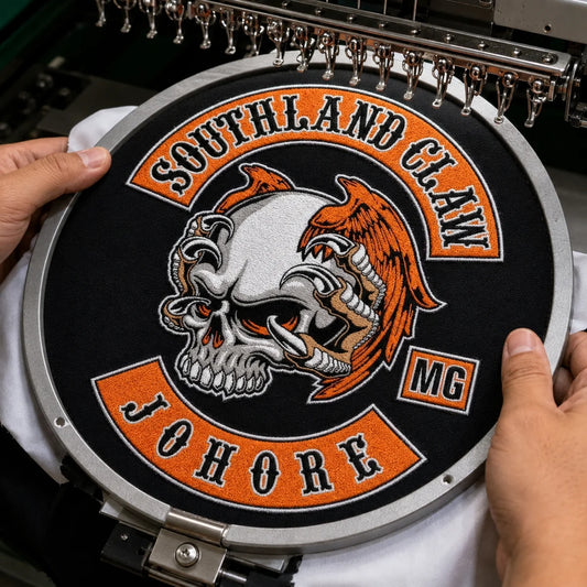 Stable large-format construction on an embroidered motorcycle club back patch.