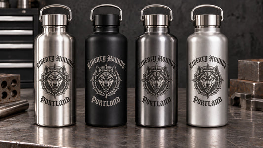 Stainless-steel motorcycle club water bottles showing durable surface finishes.
