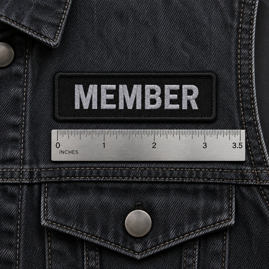 Standard 3.5 by 1 inch status patch shown as a custom motorcycle club membership patch product.