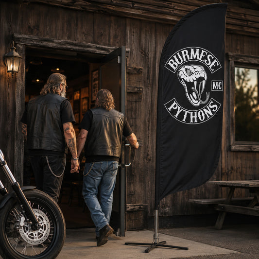 Standard Feather Flags: custom motorcycle club feather flag shown in two mature riders opening a clubhouse before a chapter meeting.