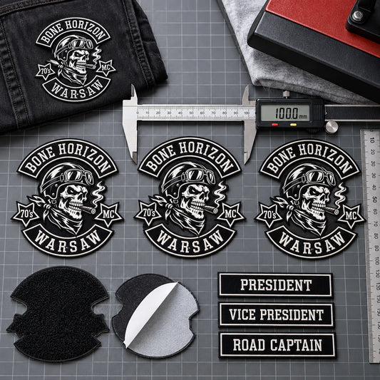 Three matching chest patches checked with calipers for a motorcycle club, shown at quality-control measurement bench.