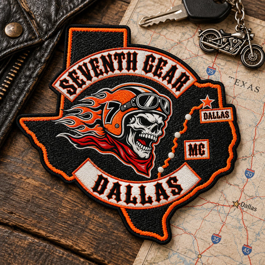 Custom motorcycle club event patch featuring the seventh gear dallas logo for state and route silhouette.