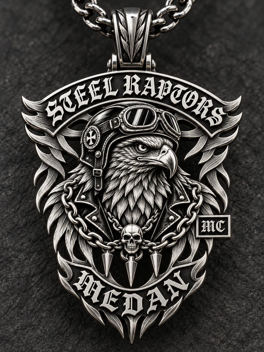 Steel Raptors custom brushed stainless steel motorcycle club pendant with helmeted raptor relief.