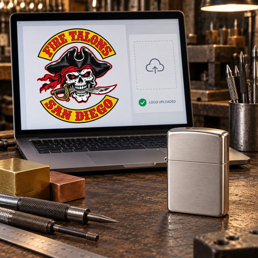 Fire Talons San Diego motorcycle club logo submitted beside a plain closed metal lighter at the design intake stage.
