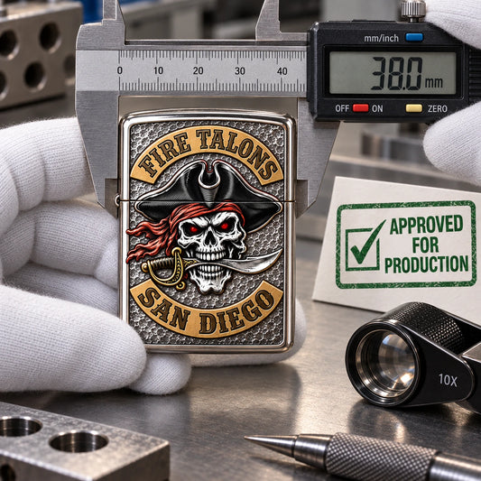 Finished Fire Talons San Diego motorcycle club lighter checked with a caliper before production approval.
