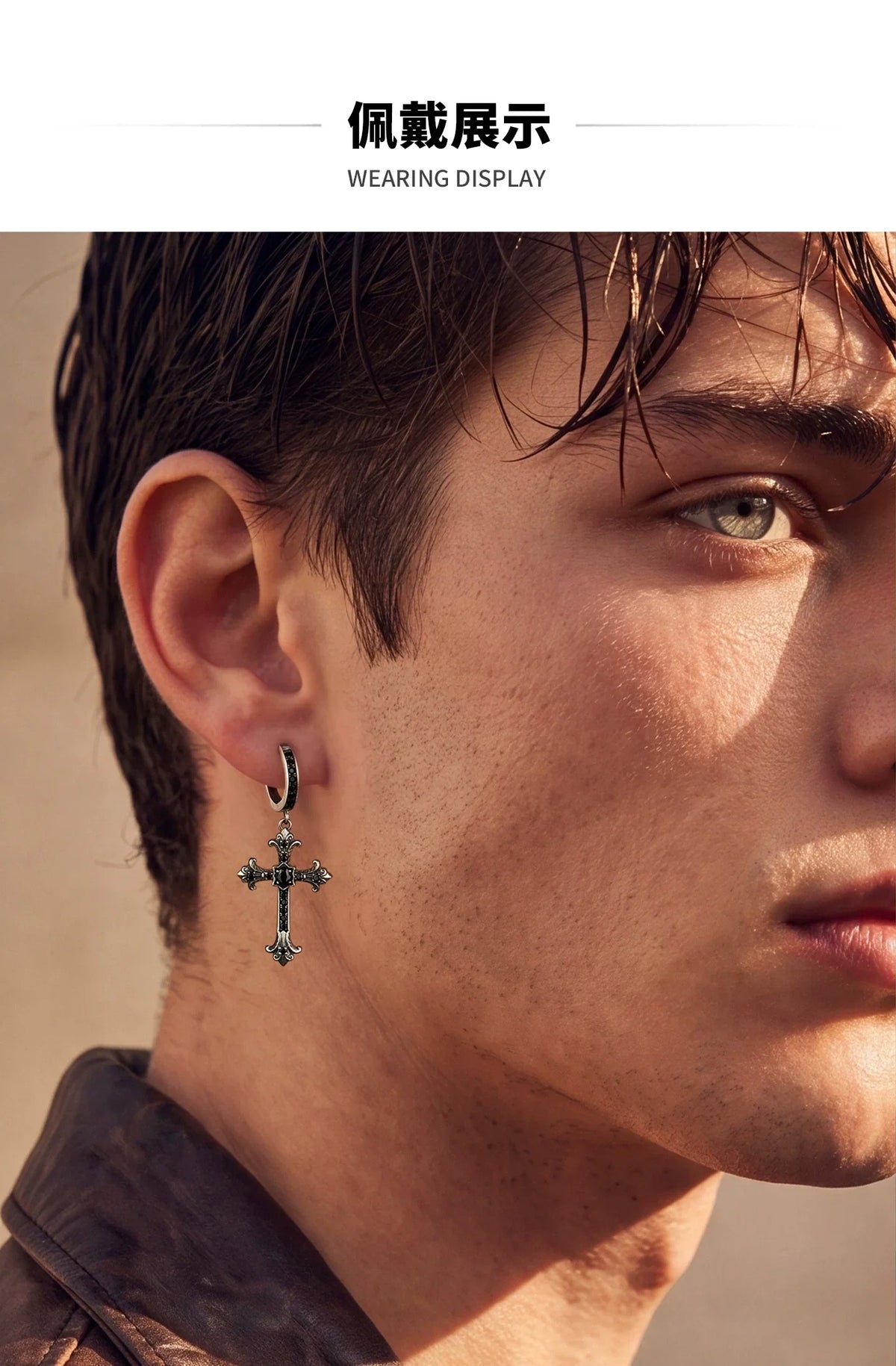 Sterling Silver Black Crystal Cross Drop Earrings for Bikers shown in a rider lifestyle view 1