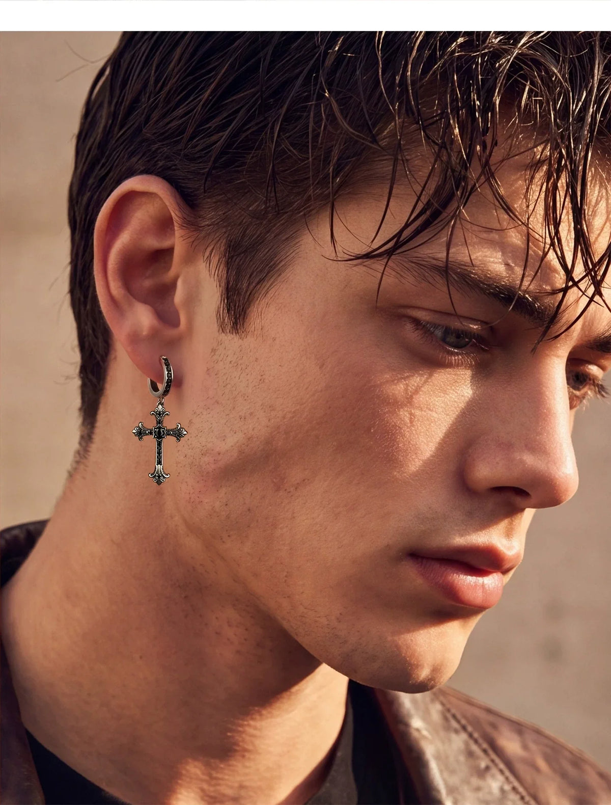 Sterling Silver Black Crystal Cross Drop Earrings for Bikers shown in a rider lifestyle view 2