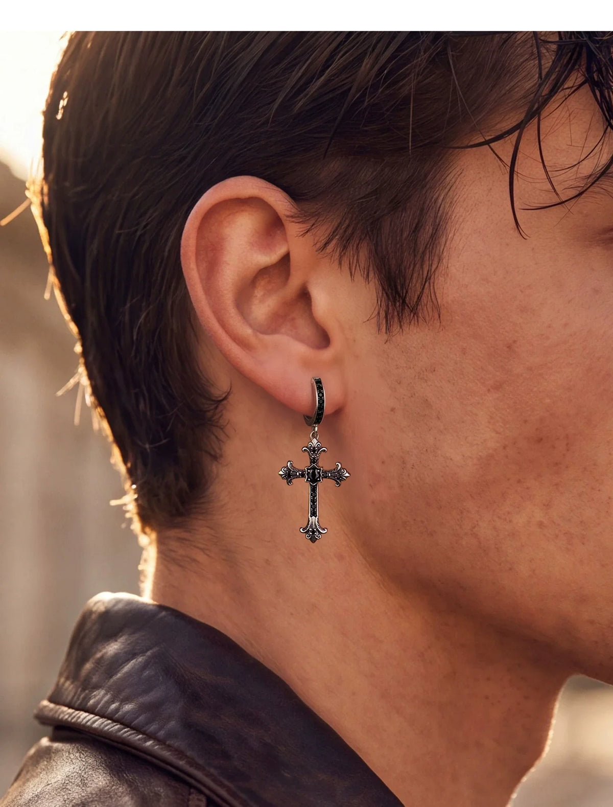 Sterling Silver Black Crystal Cross Drop Earrings for Bikers shown in a rider lifestyle view 3