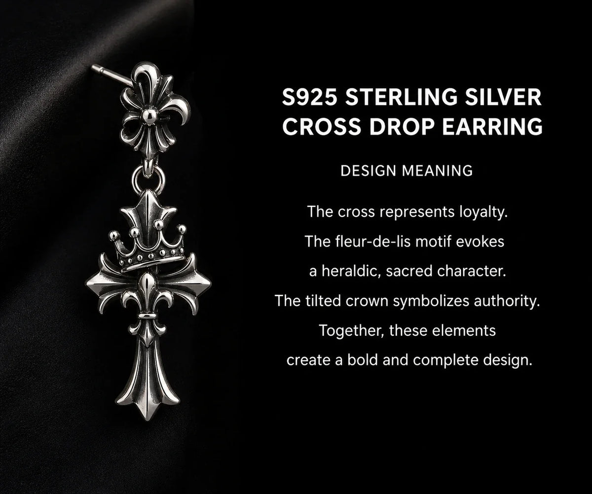 Sterling Silver Fleur-de-Lis Crown Cross Drop Earrings - design meaning
