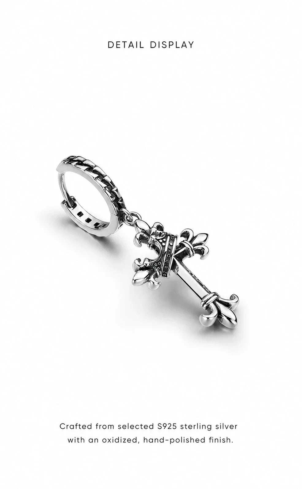 Sterling Silver Fleur-de-Lis Crown Cross Drop Earrings - material and finish details