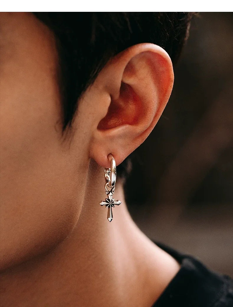 Sterling Silver Cross Drop Earrings for Bikers shown in a rider lifestyle view 3