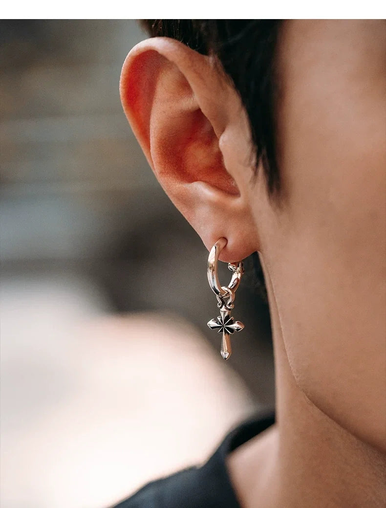Sterling Silver Cross Drop Earrings for Bikers shown in a rider lifestyle view 4