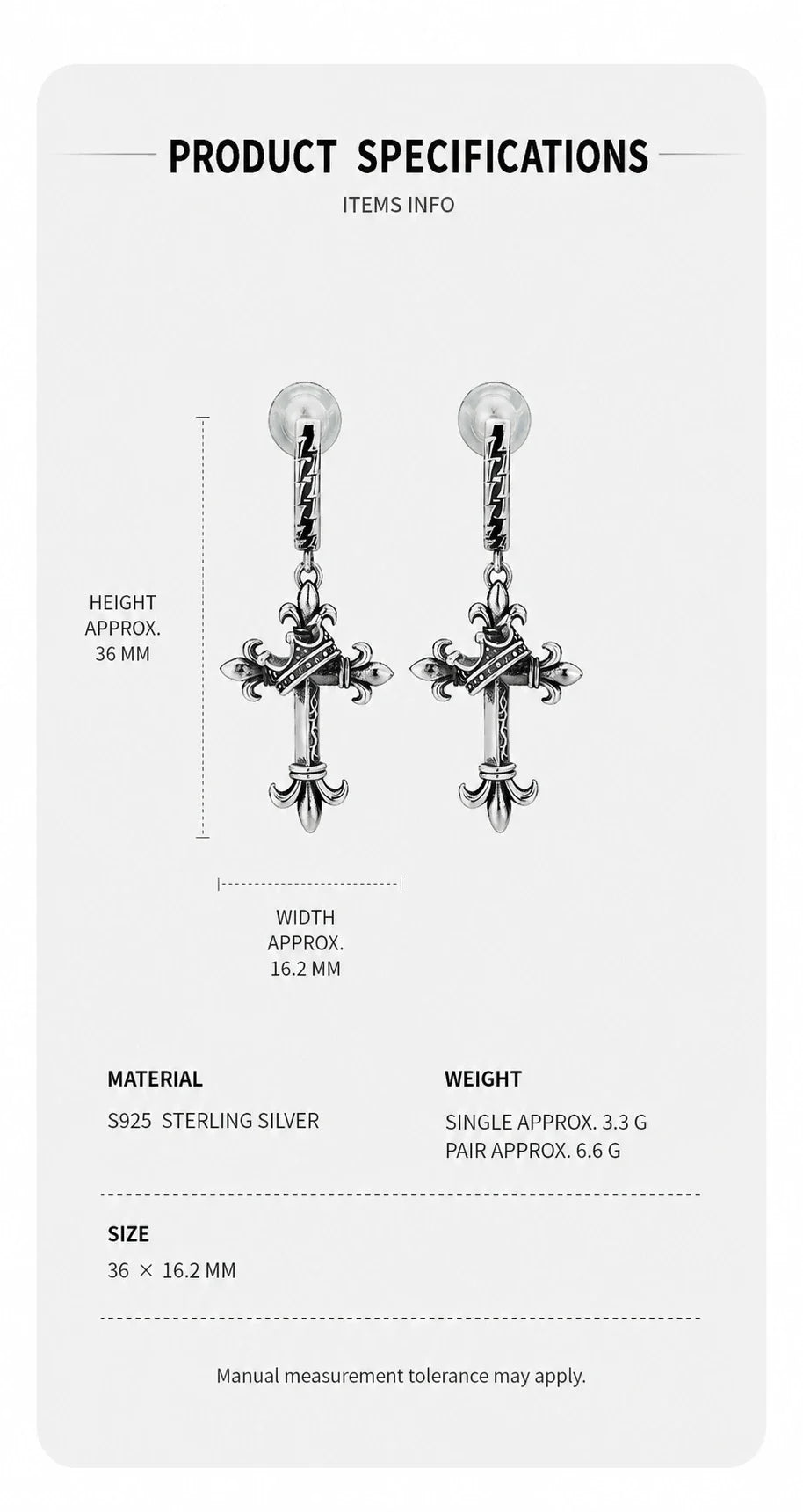 Sterling Silver Fleur-de-Lis Crown Cross Clip-On Earrings - size material and weight