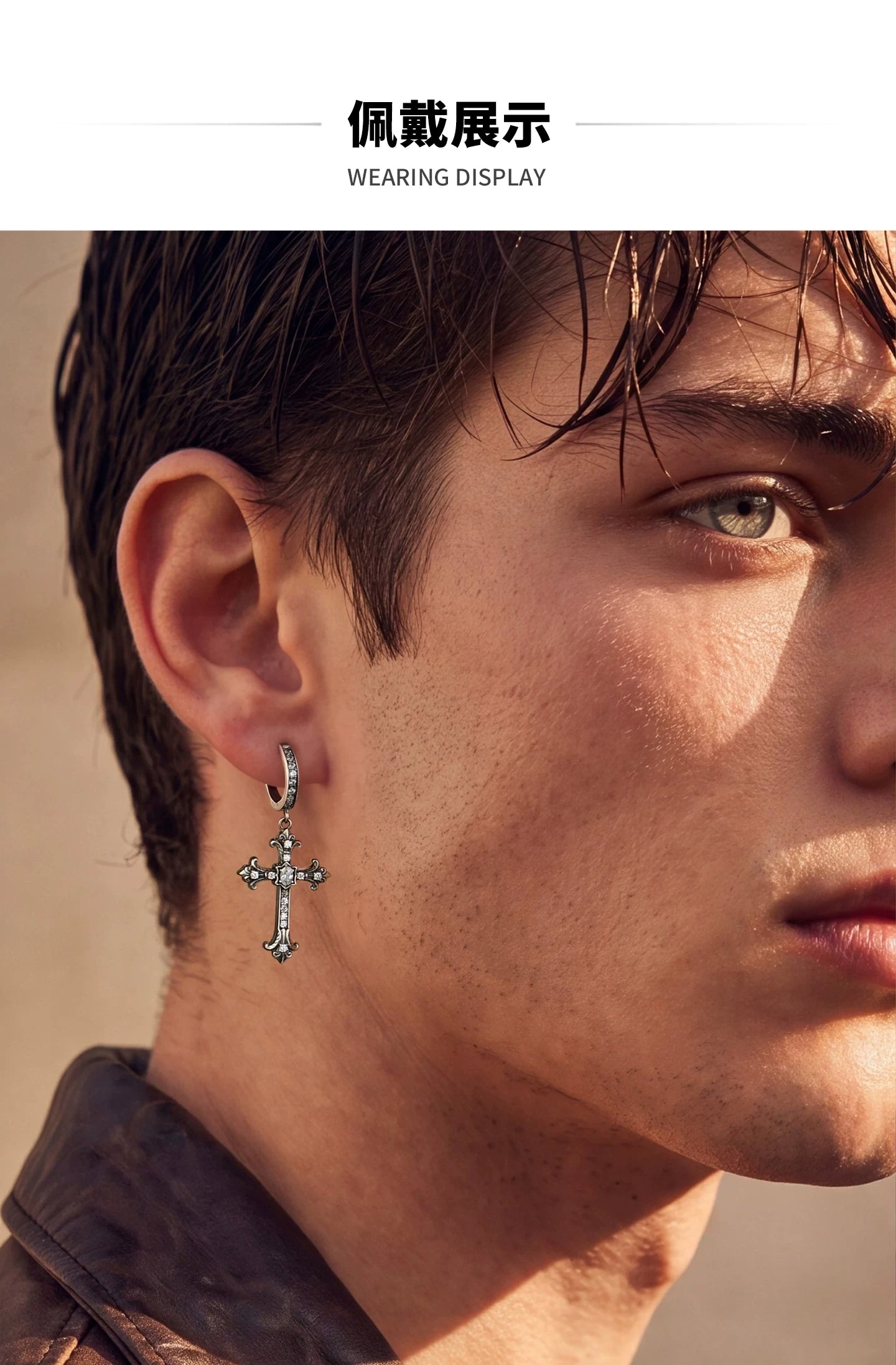 Sterling silver crystal cross drop earrings lifestyle view 1