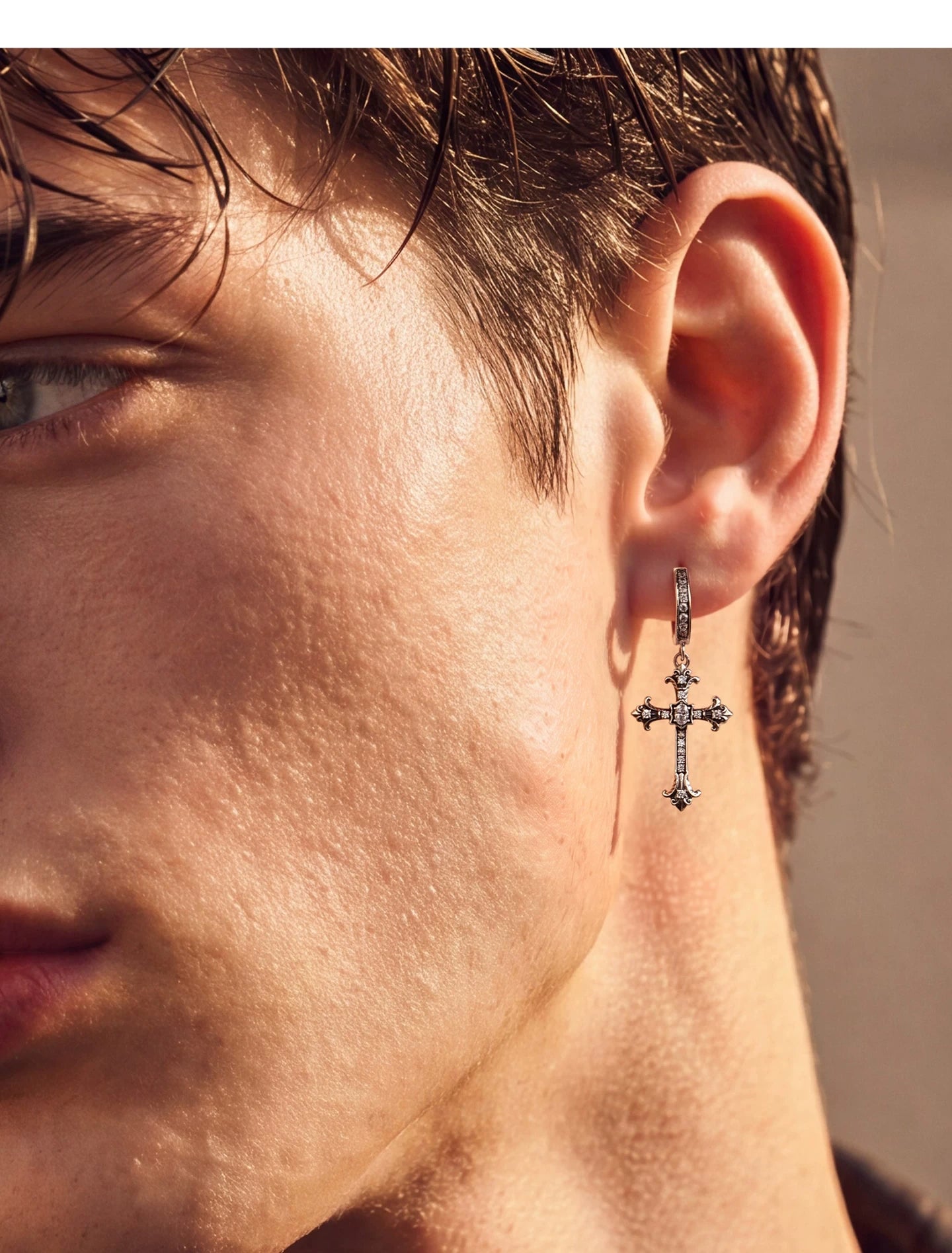 Sterling silver crystal cross drop earrings lifestyle view 4