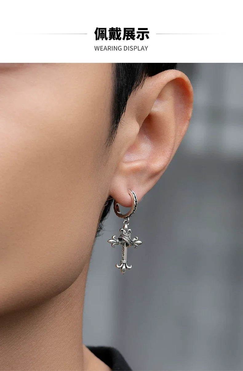 Sterling Silver Fleur-de-Lis Crown Cross Clip-On Earrings for Bikers shown in a rider lifestyle view 1