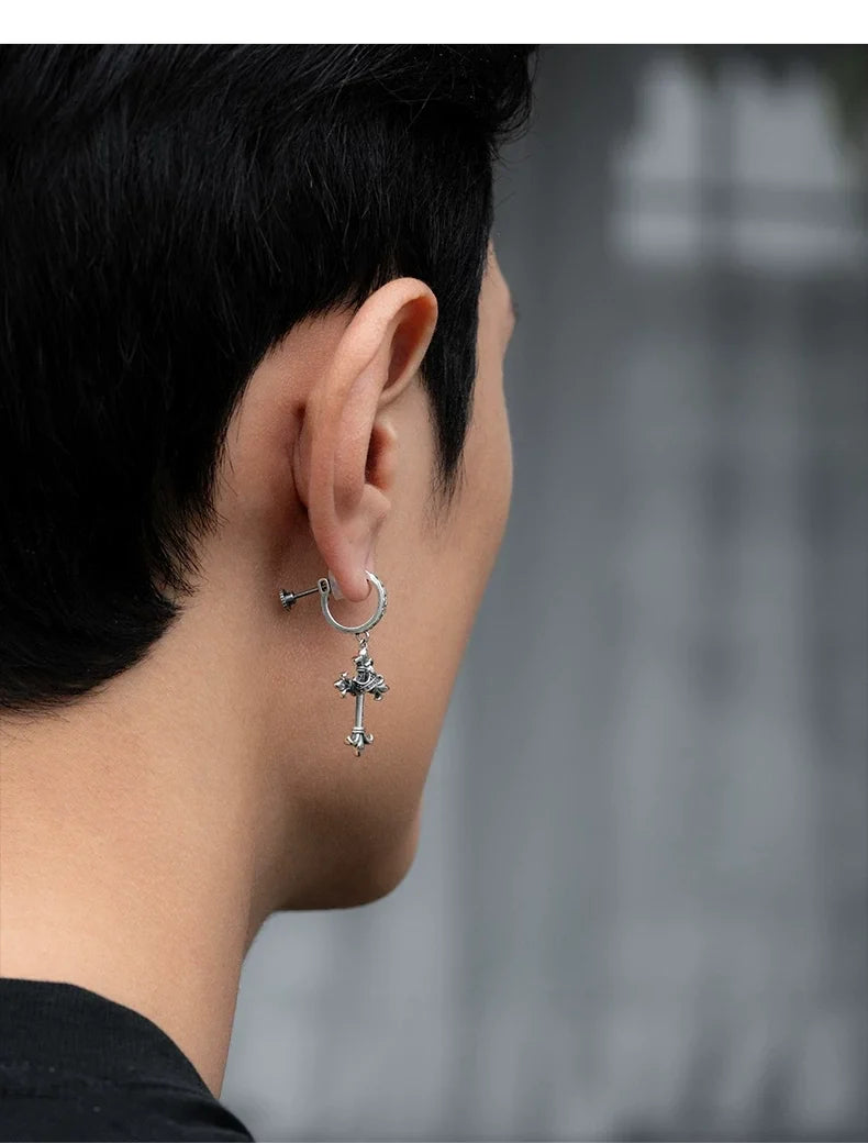 Sterling Silver Fleur-de-Lis Crown Cross Clip-On Earrings for Bikers shown in a rider lifestyle view 3