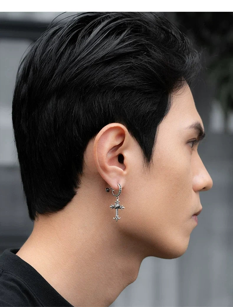 Sterling Silver Fleur-de-Lis Crown Cross Clip-On Earrings for Bikers shown in a rider lifestyle view 4