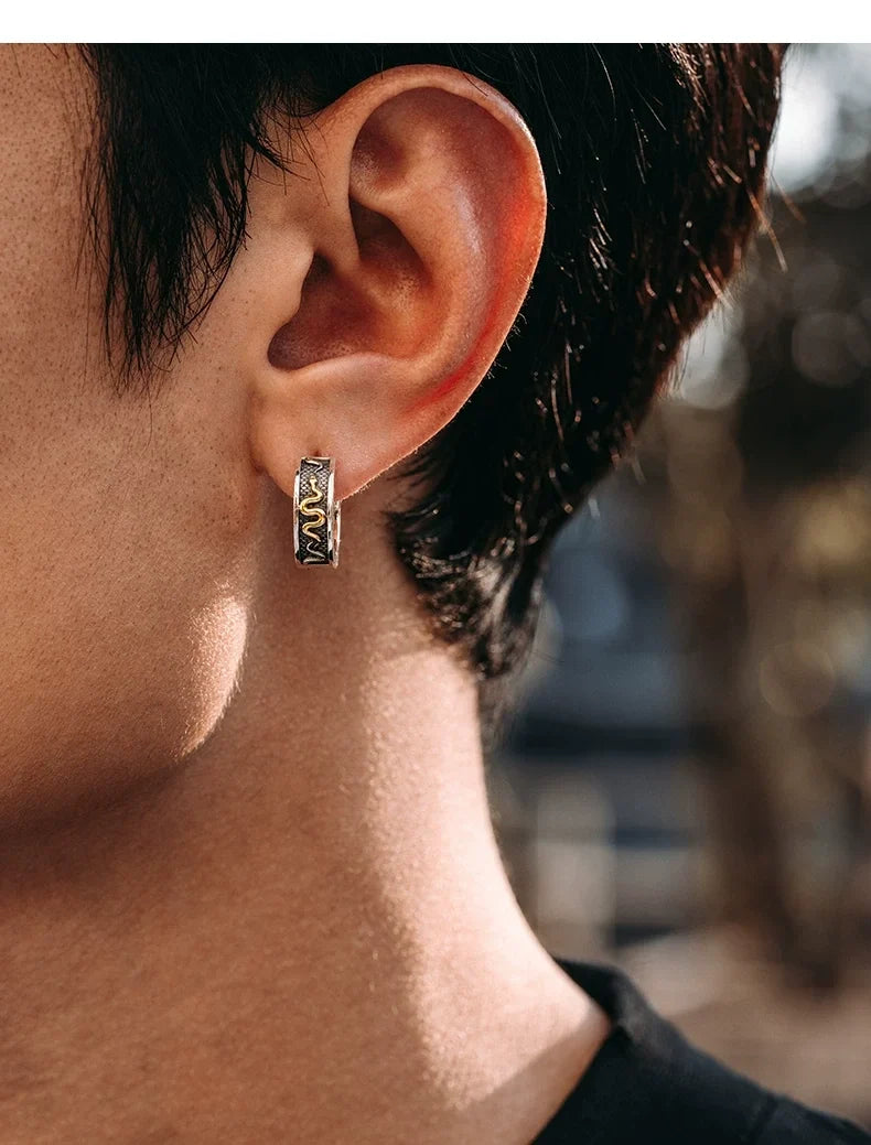Sterling Silver Golden Fortune Snake Stud Earrings for Bikers shown in a rider lifestyle view 4