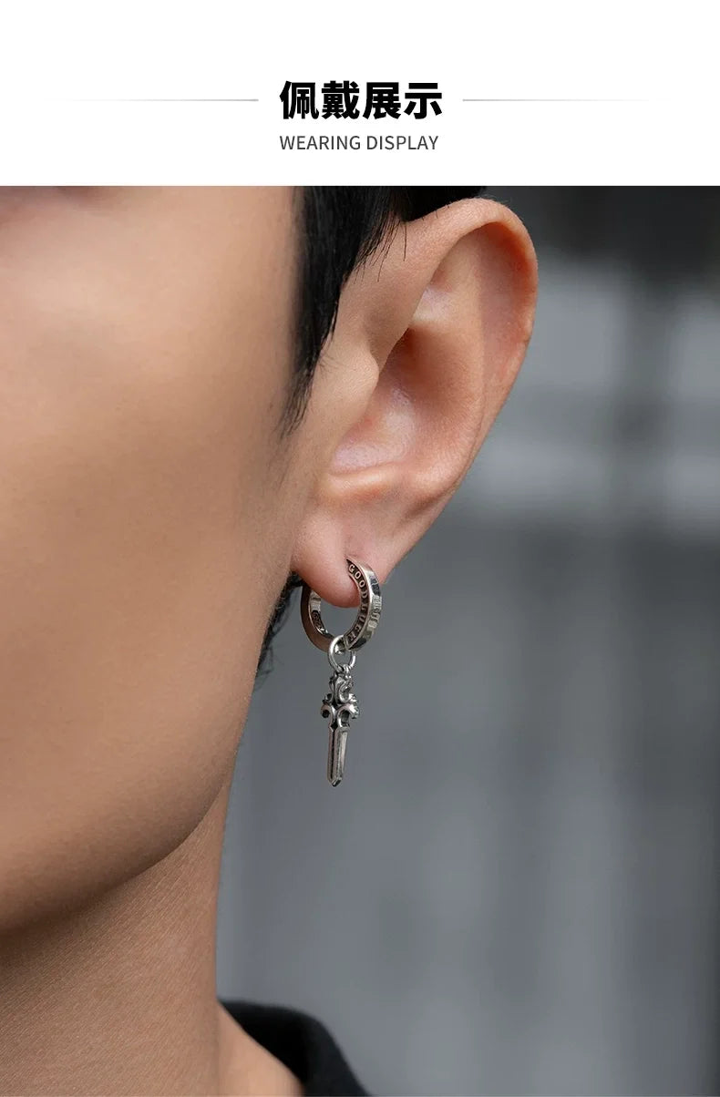 Sterling Silver Good Luck Sword Clip-On Earrings for Bikers shown in a rider lifestyle view 1