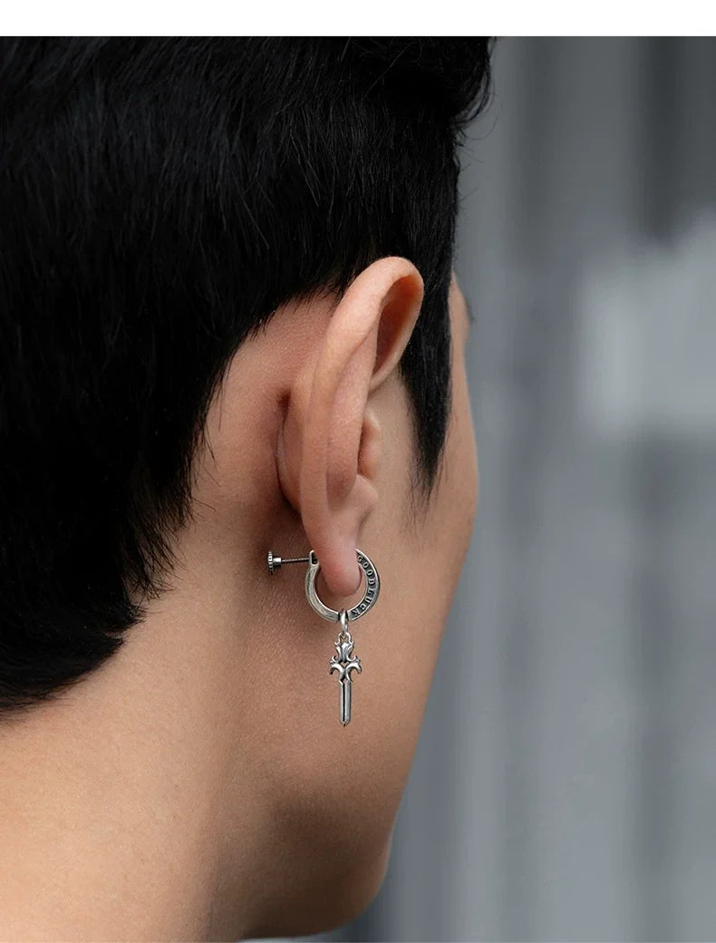 Sterling Silver Good Luck Sword Clip-On Earrings for Bikers shown in a rider lifestyle view 3
