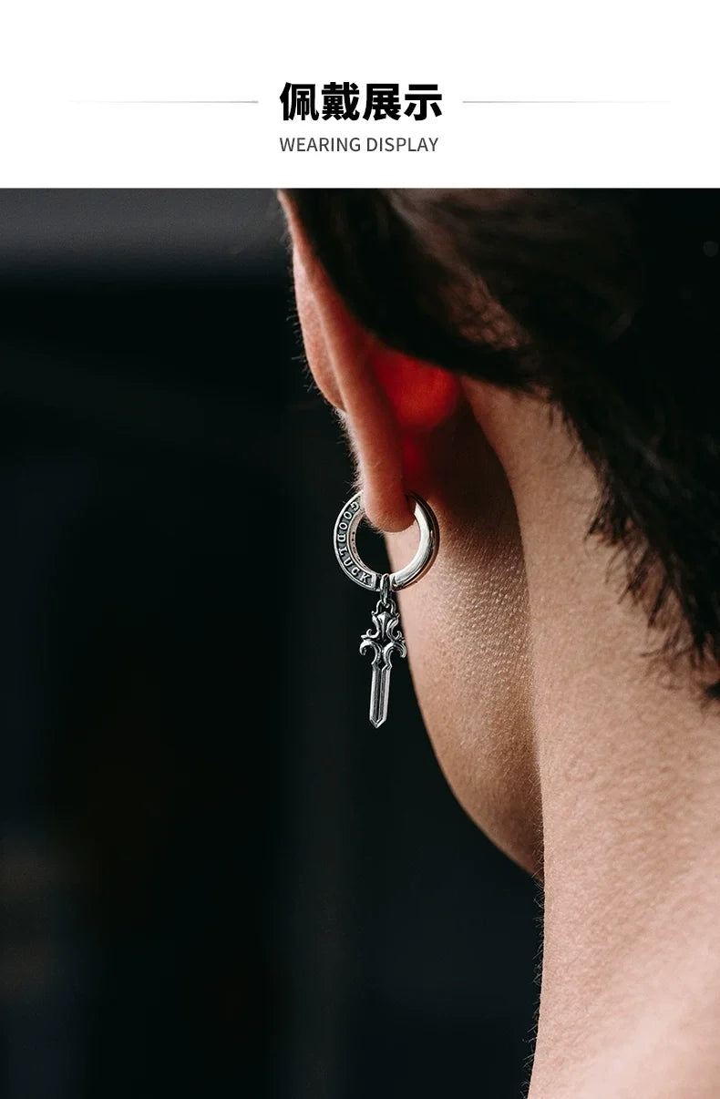 Sterling Silver Good Luck Sword Drop Earrings for Bikers shown in a rider lifestyle view 1
