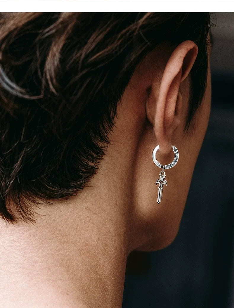 Sterling Silver Good Luck Sword Drop Earrings for Bikers shown in a rider lifestyle view 3