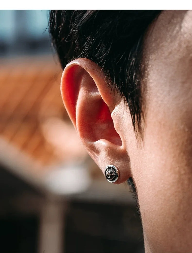 Sterling Silver Horned Viper Stud Earrings for Bikers shown in a rider lifestyle view 2