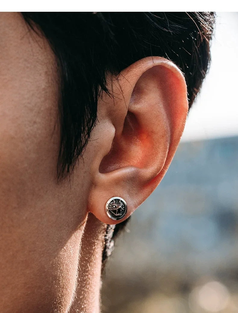 Sterling Silver Horned Viper Stud Earrings for Bikers shown in a rider lifestyle view 4