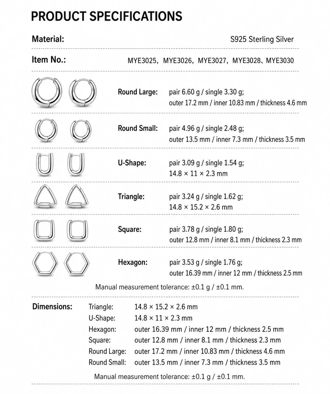 Sterling Silver Minimalist Hoop Earrings - sizes weights and dimensions