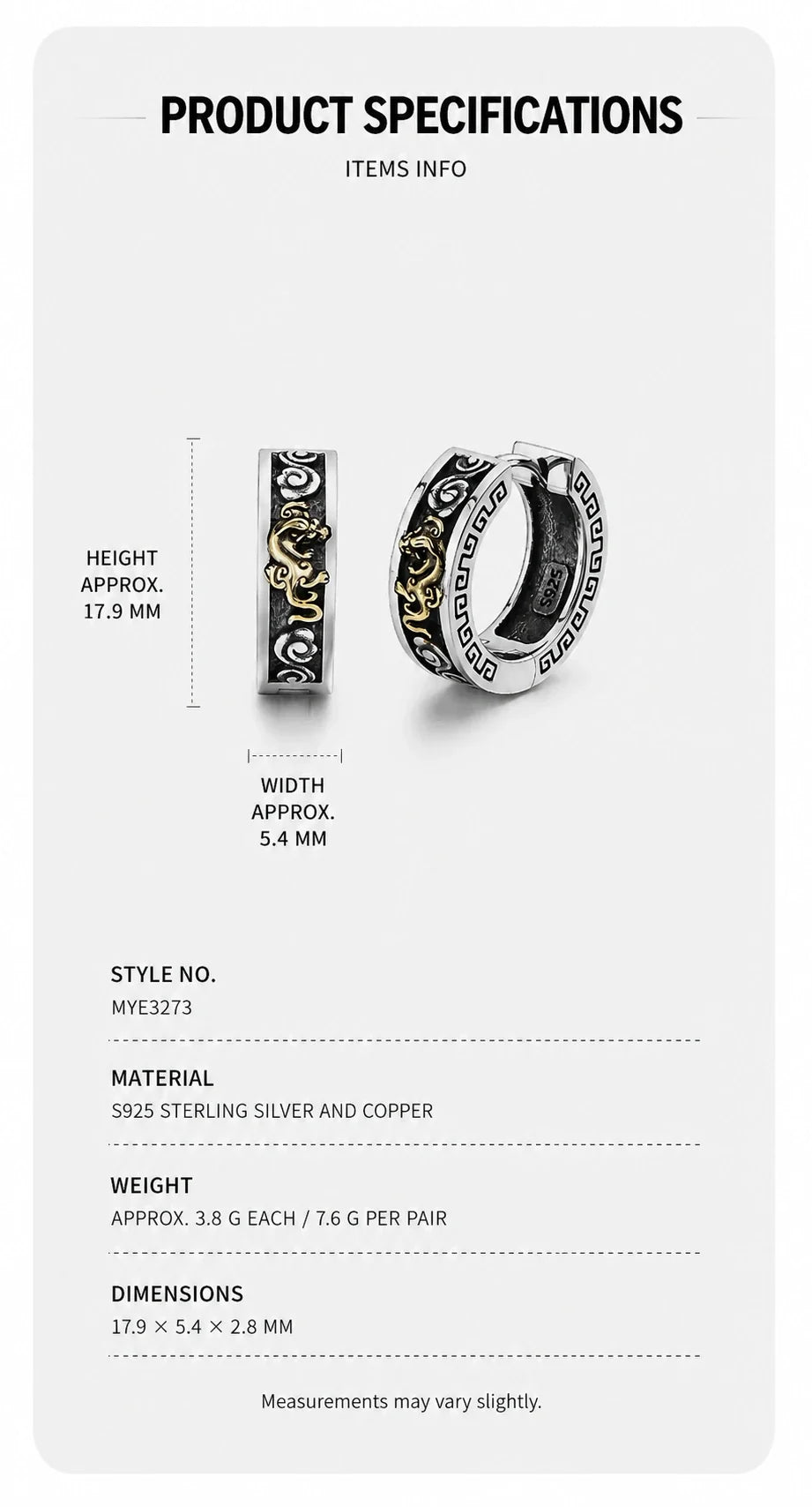 Sterling silver Pixiu hoop earrings dimensions and material specifications