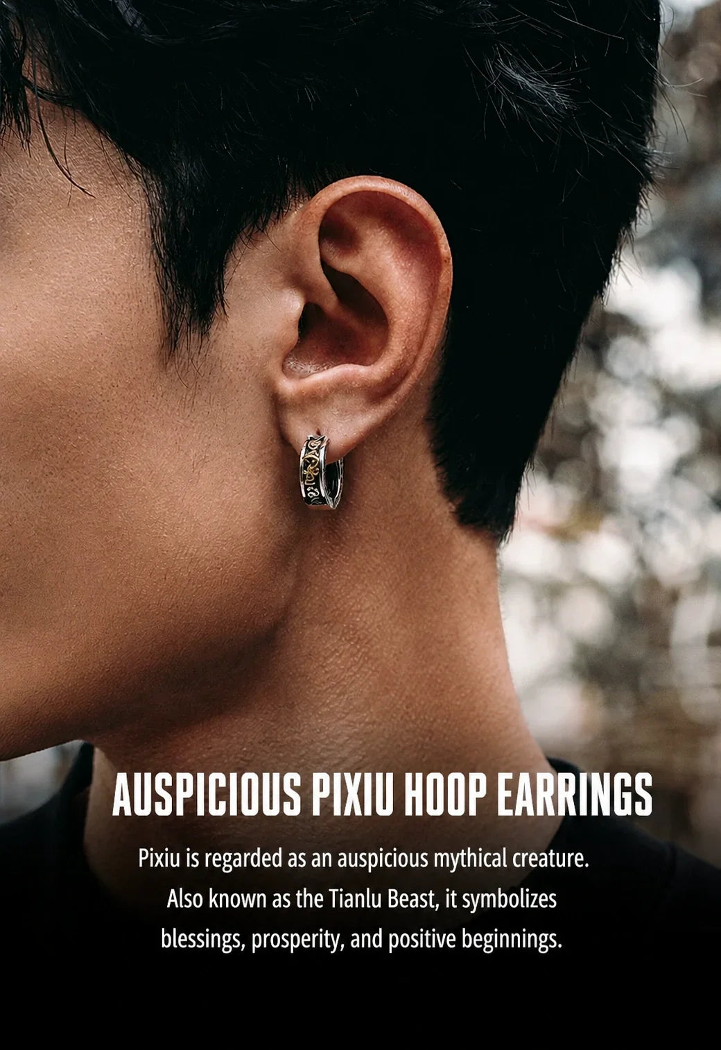Sterling silver Pixiu hoop earrings with English design story
