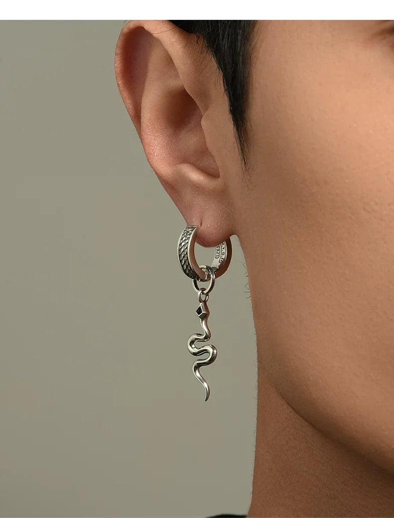 Sterling Silver Serpent Drop Earrings for Bikers shown in a rider lifestyle view 2