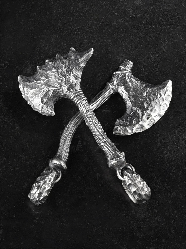 Two Stone Age axe sterling silver biker pendant styles shown together