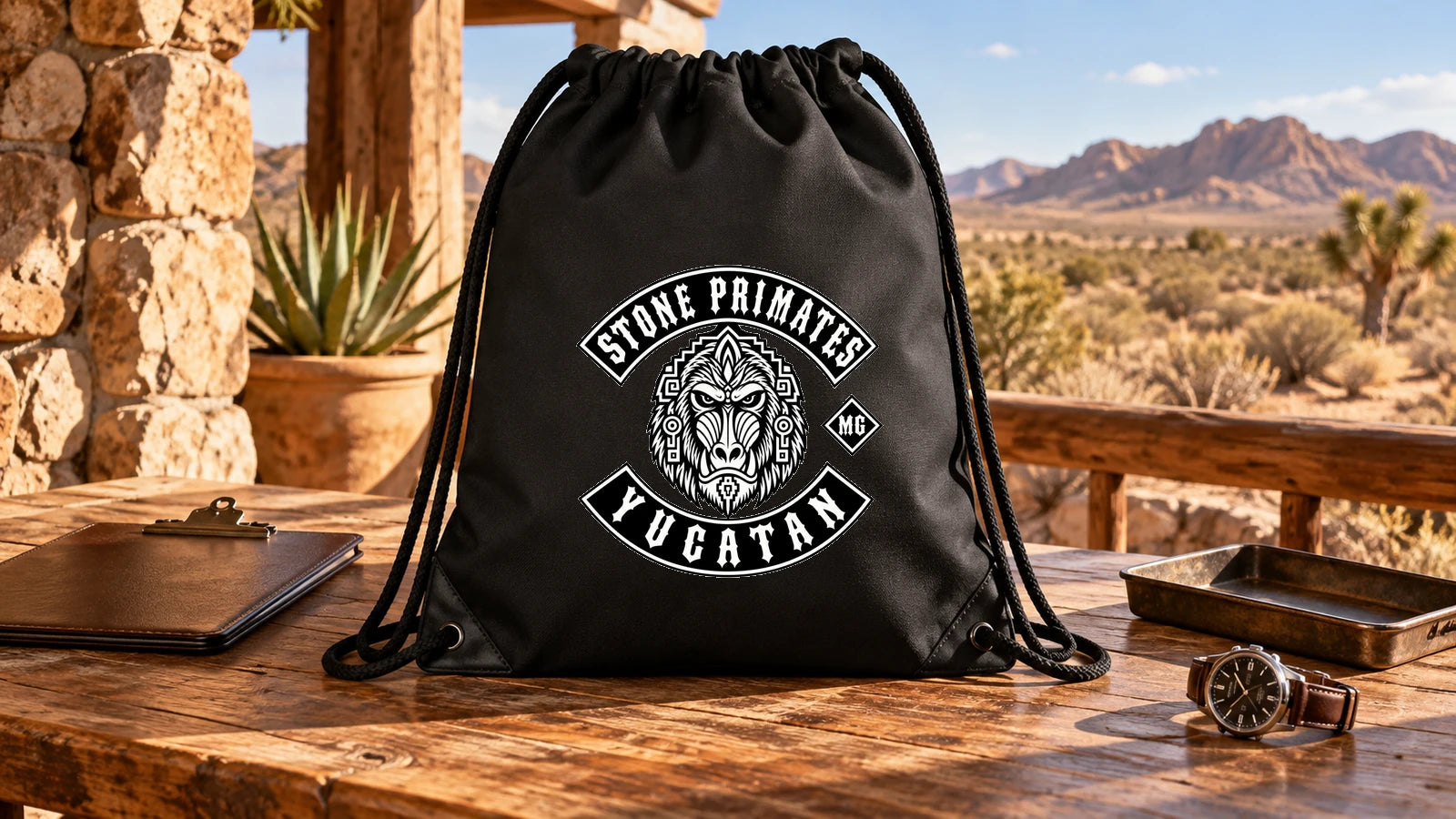 Stone Primates Yucatan motorcycle club drawstring bag beside a private gear-custodian handover board
