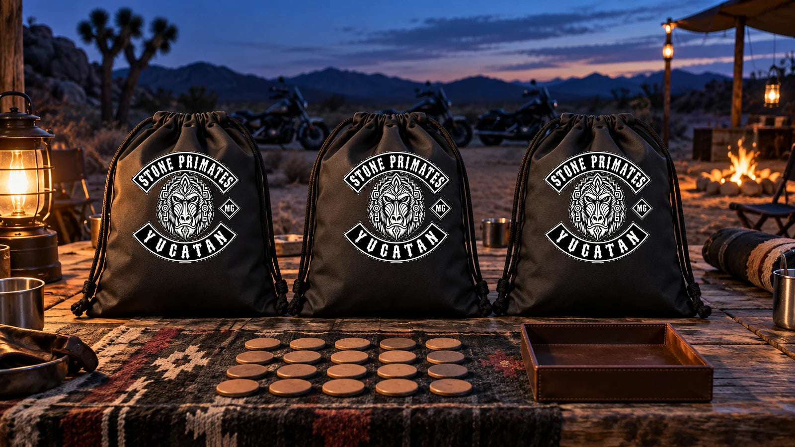 Three Stone Primates Yucatan motorcycle club drawstring bags closed for an end-of-day desert camp gear check